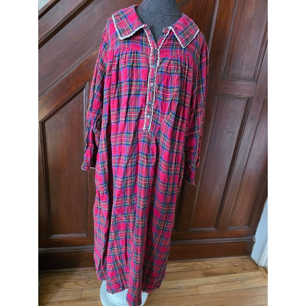 Charter Club Red Plaid Flannel Nightgown W Lace Trim Button Front 2X 100% Cotton